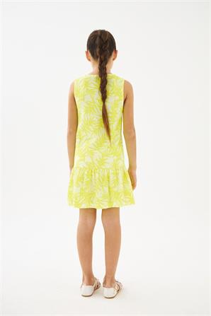 Genç Kız Sarı Desenli Bisiklet Yakalı Kolsuz Elbise - EK 319406 |Silversun