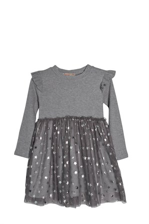 Gri Melanj Renkli Fırfır Detaylı Tül Etekli Kız Çocuk Örme Elbise-EK 218576 |Silversunkids