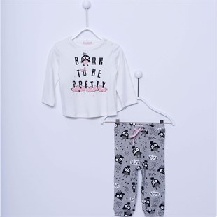 Gri Renkli Baskılı Tişört ile Baskılı Beli ve Paçaları Lastikli Bebek Kız Pijama Takım|PJM 112941