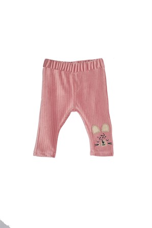 Gül Kurusu Renkli Baskılı Belden Lastikli Kadife Bebek Kız Örme Pantolon-PC 118429 |Silversunkids