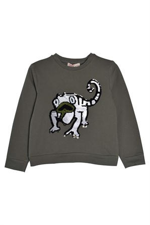 Haki Renkli Pul Payet Baskılı Erkek Çocuk Sweatshirt-JS 218757 |Silversunkids