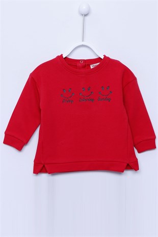 Kırmızı Renkli Baskılı Kolları ve Etek Uçları Lastikli Sweatshirt |JS-113170