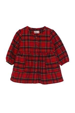 Kırmızı Renkli Kareli Cep Detaylı Kolları Lastikli Bebek Kız Dokuma Elbise-EK 117208 |Silversunkids