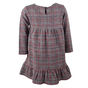 Kırmızı Renkli Kareli Etek Ucu Fırfırlı Uzun Kol Kız Çocuk Elbise|EK 215005