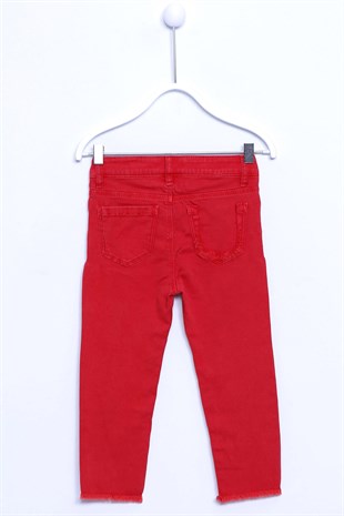 Kırmızı Renkli Pantolon Denim 5 Cepli Paçası Püsküllü Yırtık Detaylı Kot Pantolon Kız Çocuk |PC 210373