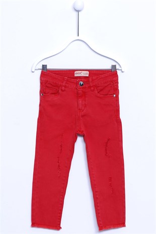 Kırmızı Renkli Pantolon Denim 5 Cepli Paçası Püsküllü Yırtık Detaylı Kot Pantolon Kız Çocuk |PC 210373