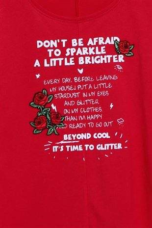 Kırmızı Renkli Uzun Kollu T-Shirt Örme Uzun Kollu Baskılı Nakışlı Asimetrik Tişört Kız Çocuk |BK-312840