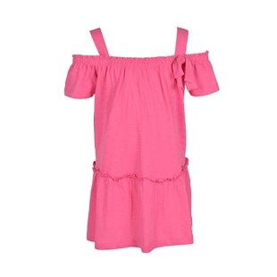 Kız Çocuk  Fuşya Renkli Omuzdan Lastikli Askılı Örme Elbise - EK 216182
