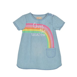 Kız Çocuk Açık Mavi Denim Renkli Baskılı Omuzdan Düğmeli Kısa Kollu Kot Elbise | EK 216097