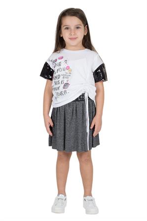 Kız Çocuk Beyaz Pul Payet İşlemeli İp Büzgülü Tişört - BK 215342 |Silversun