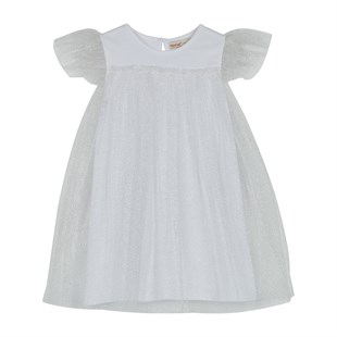 Kız Çocuk Beyaz Renkli Tüllü Örme Elbise | EK 215491
