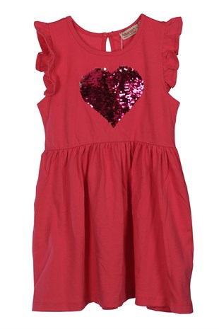 Kız Çocuk Fuşya Renkli Pul Payetli Kolları Fırfırlı Örme Elbise Örme Elbise - EK 218113