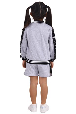 Kız Çocuk Gri Melanj Renkli Baskılı Kolları Payetli Cepli Sweatshirt | JM 215335