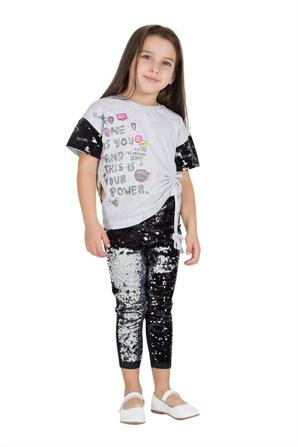 Kız Çocuk Grimelanj Pul Payet İşlemeli İp Büzgülü Tişört - BK 215342 |Silversun