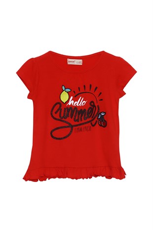 Kız Çocuk Kırmızı Renkli Nakışlı Etek Ucu Fırfırlı Tişört | BK 215538