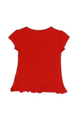 Kız Çocuk Kırmızı Renkli Nakışlı Etek Ucu Fırfırlı Tişört | BK 215538