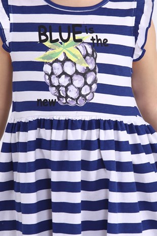 Kız Çocuk Lacivert Renkli Baskılı Kolları Fırfırlı Örme Elbise - EK 218436