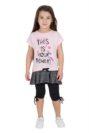 Kız Çocuk Pembe Renkli Baskılı Etek Ucu Fırıfrlı  Tişört Tayt Takım | !KT 215345 TSHIRT & TAYT TK.