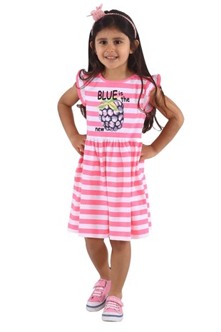 Kız Çocuk Pembe Renkli Baskılı Kolları Fırfırlı Örme Elbise - EK 218436