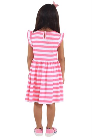 Kız Çocuk Pembe Renkli Baskılı Kolları Fırfırlı Örme Elbise - EK 218436