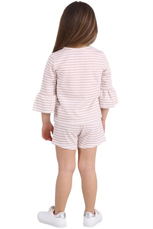 Kız Çocuk Pembe Renkli Çizgili Kolları Fırfırlı Fiyonk Detaylı Sweatshirt | JM 215443