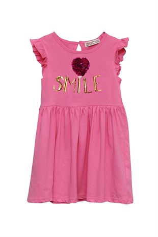 Kız Çocuk Pembe Renkli Pul Payetli Kolları Fırfırlı Örme Elbise Örme Elbise - EK 218113