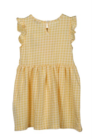 Kız Çocuk Sarı Renkli Ekoseli Pul Payetli Kolları Fırfırlı Örme Elbise - EK 218113