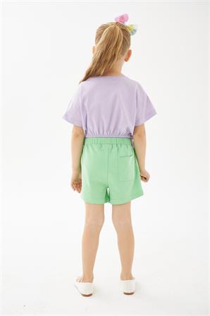 Kız Çocuk Yeşil Belden Lastikli Nakışlı Örme Şort - SC 219274 |Silversun