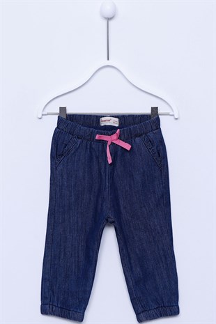 Koyu Denim Renkli Bel Ve Paçalar Lastikli Bebek Kız Kot Pantolon |PC-113119