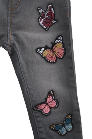 Koyu Denim Renkli Kelebek Nakışlı Kemerli Bebek Kız Kot Pantolon |PC 110396