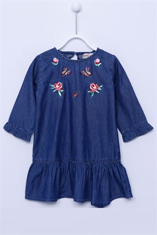 Koyu Denim Renkli Kot Elbıse Denim Uzun Kollu Nakışlı Fıfırlı Elbise Kız Çocuk |EK-212711