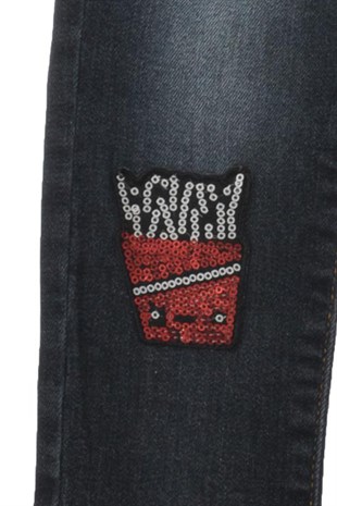 Koyu Denim Renkli Kot Pantolon Denim 5 Cepli Aplik Desen Yıkamalı Kot Pantolon Kız Çocuk |PC 210308
