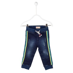 Koyu Mavi Renkli Bel Ve Paçalar Lastik Yanlar Şeritli Yıkamalı İp Büzmeli Kot Bebek Erkek Pantolon|PC 114644