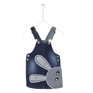 Koyu Mavi Renkli Tavşan Baskılı Yandan Düğmeli Slopet Bebek Kız Elbise|EK 115056