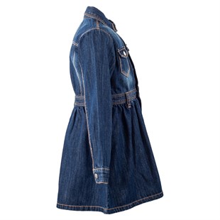 Koyu Mavi Renkli Yakalı Önden Yarım Düğme Kapamalı Uzun Kol Kot Kız Çocuk Elbise|EK 215064