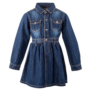 Koyu Mavi Renkli Yakalı Önden Yarım Düğme Kapamalı Uzun Kol Kot Kız Çocuk Elbise|EK 215064