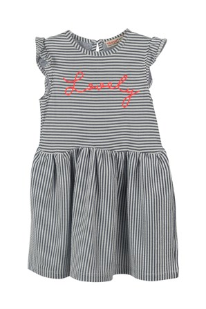 Lacivert Çizgili Renkli Baskılı Kız Çocuk Örme Elbise |EK 219063