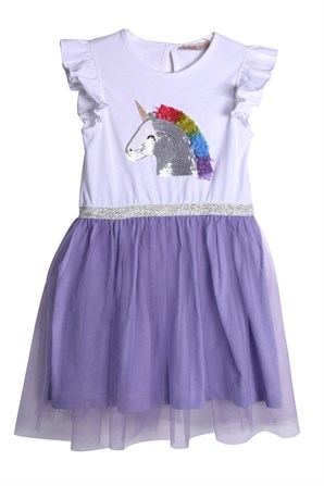 Lila Renkli Payet Nakışlı Kolları Fırfırlı Kız Çocuk Tütü Elbise |EK 219037