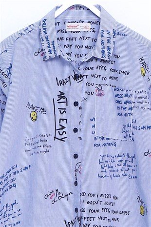 Mavi Renkli Gömlek Dokuma Uzun Kollu Yazı Baskılı Gömlek Kız Çocuk |GC 310311