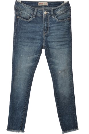 Mavi Renkli Kot Pantolon Denim 5 Cepli Yıkamalı Paçası Püsküllü Kot Pantolon Kız Çocuk |PC 310576