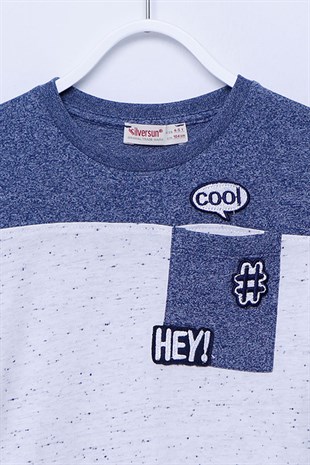 Mavi Renkli Uzun Kollu T-Shirt Örme Uzun Kollu Cepli Aplik Detaylı Tişört Erkek Çocuk |BK-212624