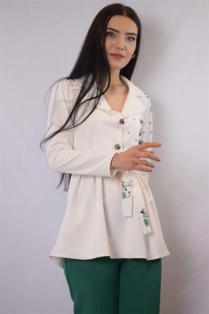 Moda Çizgi Ceket Model Bluz Ekru-Mint