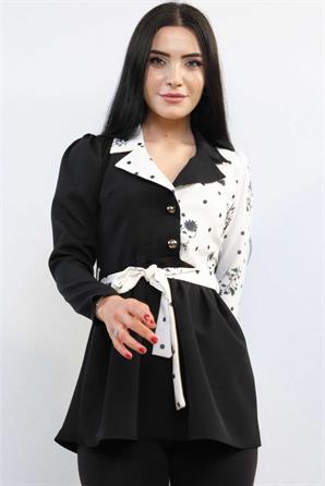 Moda Çizgi Ceket Model Bluz Siyah