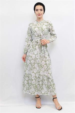 Moda Çizgi Çiçek Desenli  Pileli Elbise Mint
