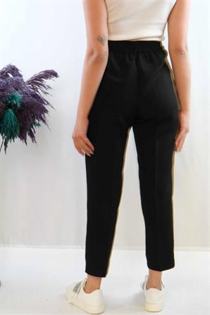 Moda Çizgi Düğme Aksesuarlı Yüksek Bel Pantolon Siyah