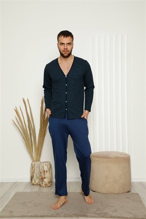Moda Çizgi Erkek %100 Pamuk Önden Düğmeli Cepli Uzun Kollu Pijama Takımı 6768