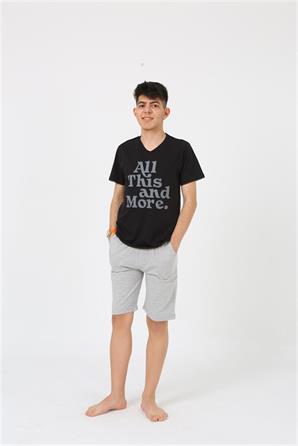 Moda Çizgi Erkek Genç Garson Boy Kısa Kol Siyah Penye Şortlu Pijama Takımı 20377