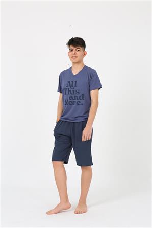 Moda Çizgi Erkek Genç Garson Boy Kısa Kol Lacivert Penye Şortlu Pijama Takımı 20377