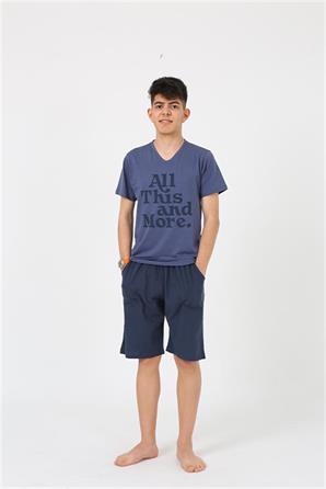 Moda Çizgi Erkek Genç Garson Boy Kısa Kol Lacivert Penye Şortlu Pijama Takımı 20377