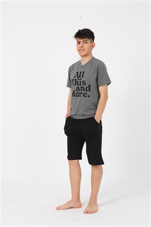 Moda Çizgi Erkek Genç Garson Boy Kısa Kol Antrasit Penye Şortlu Pijama Takımı 20377